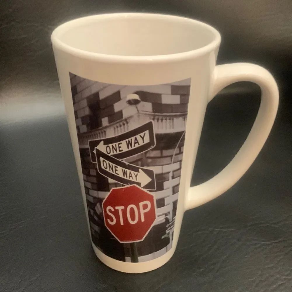 Stop One Way Tall 16 Ounce White Black Red Coffee Tea Hot Chocolate Cup Mug Used
